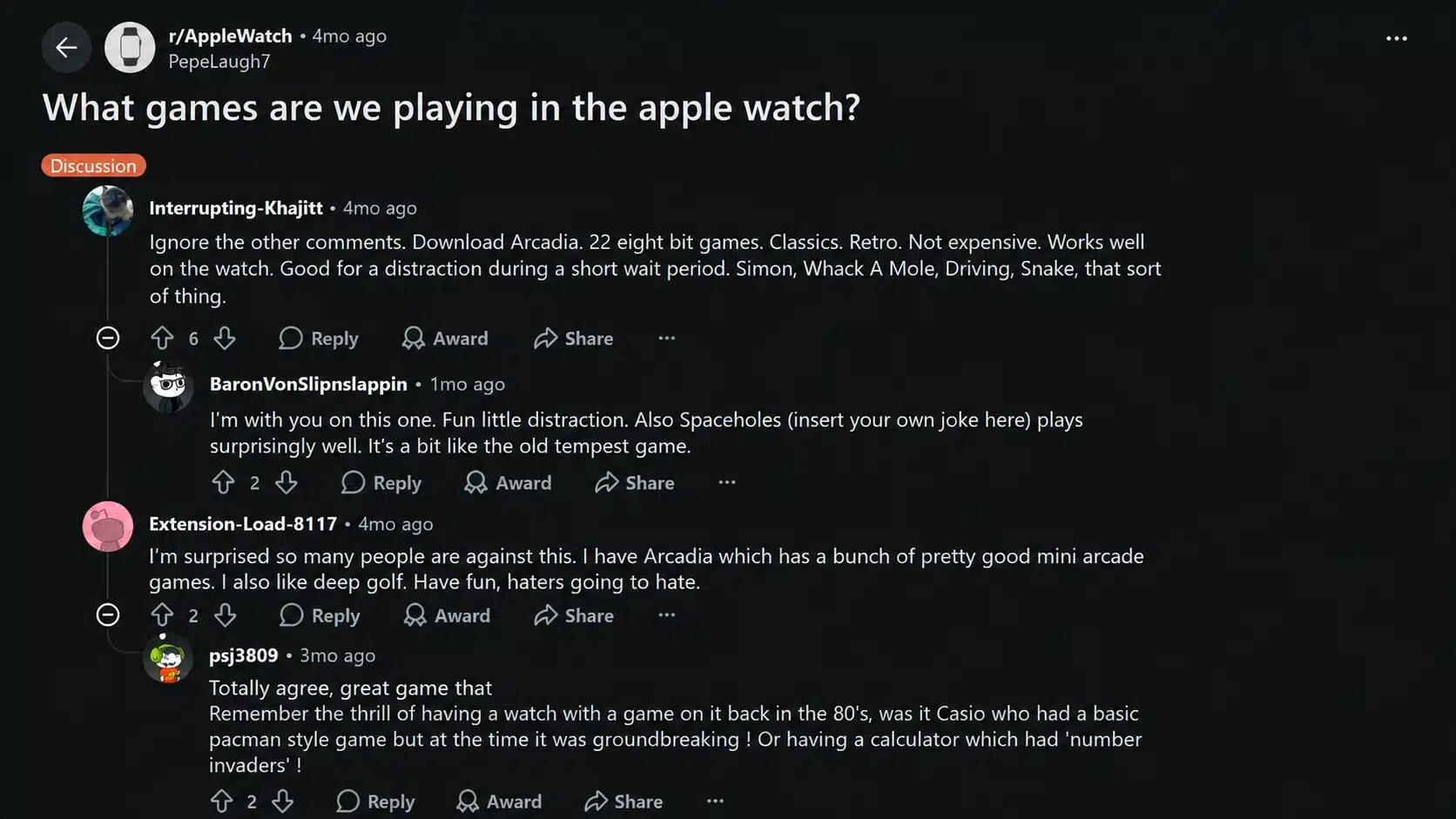 reddit apple watch gaming discussion with users sharing favorite watch games and opinions