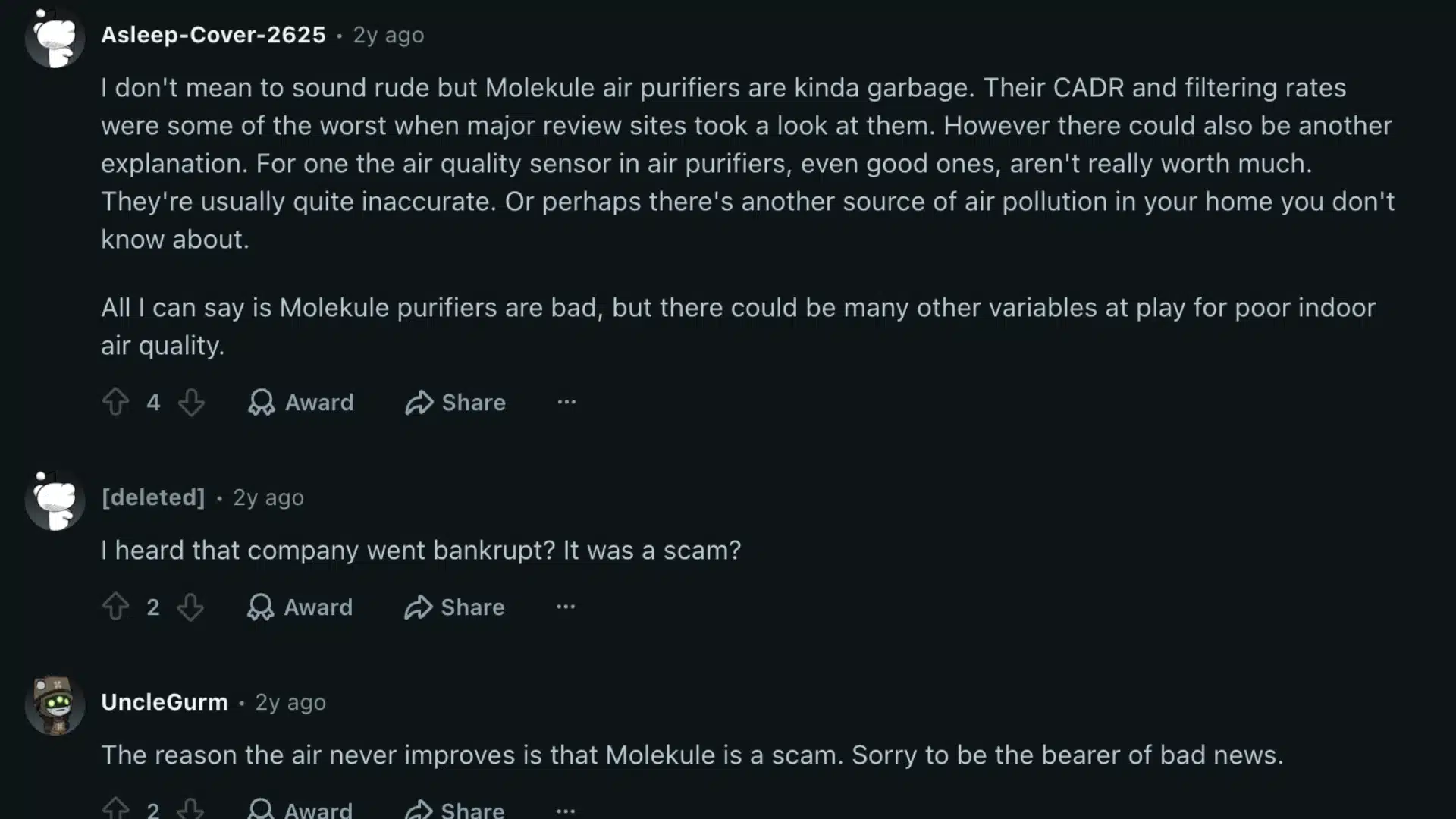 Reddit comment thread discussing and criticizing the performance and legitimacy of Molekule air purifiers