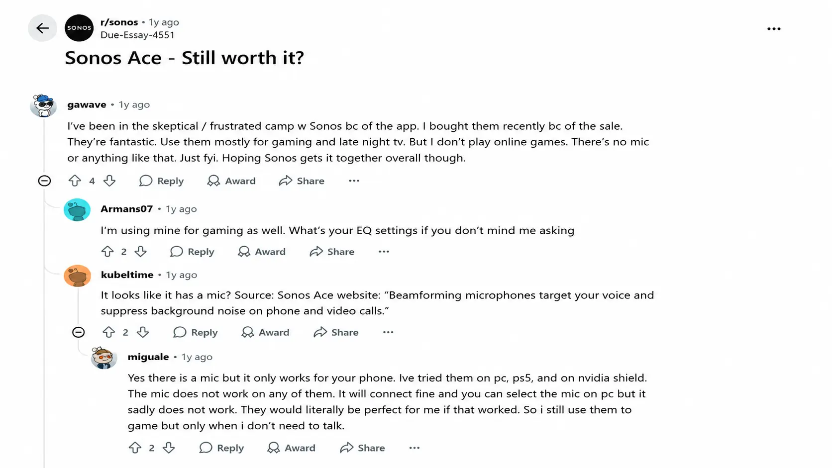reddit comment thread showing users discussing sonos ace headphones app issues gaming and mic functionality