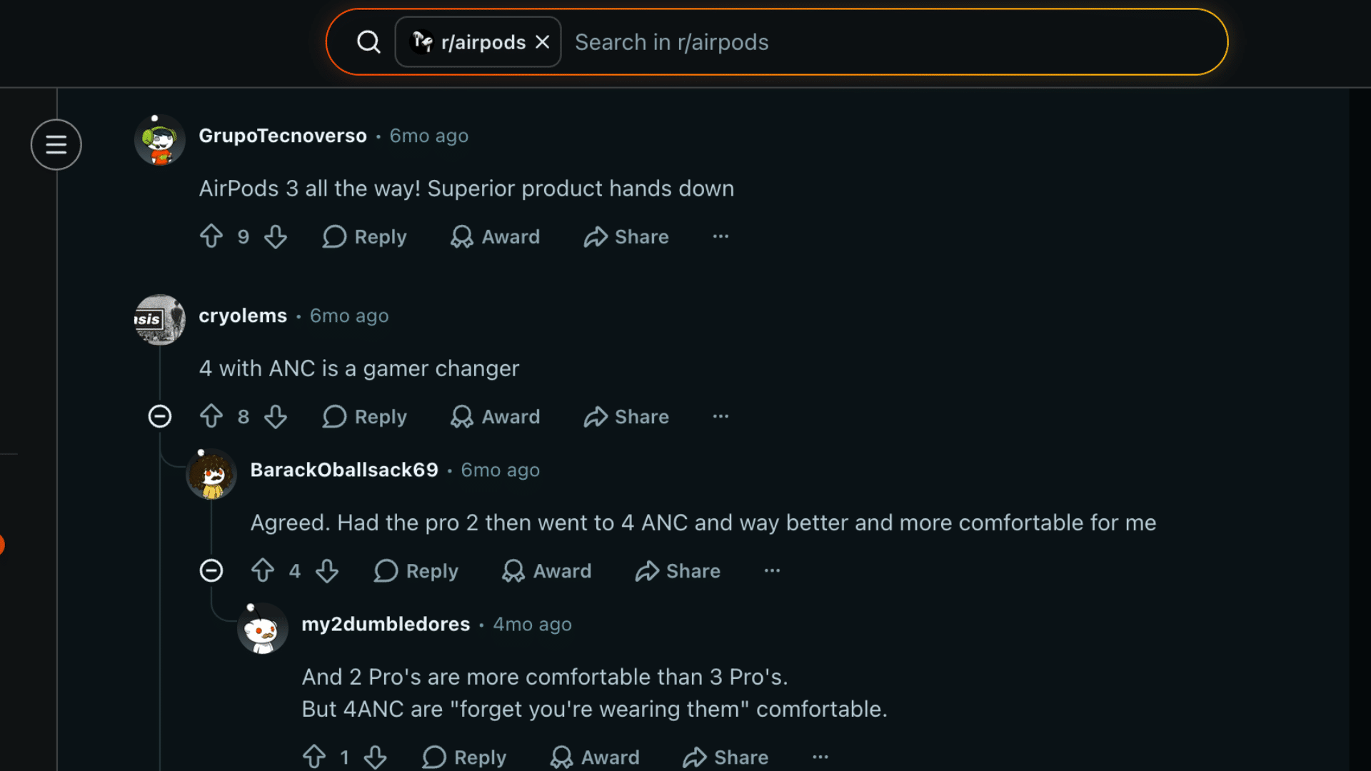 Reddit comments comparing AirPods 4 and Pro 3
