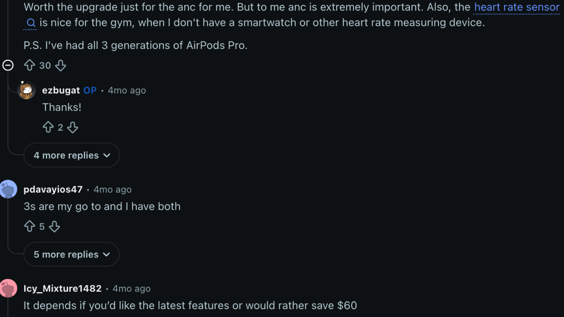 Reddit comments comparing AirPods Pro 2 and AirPods Pro 3 for ANC, heart rate sensor, and price value