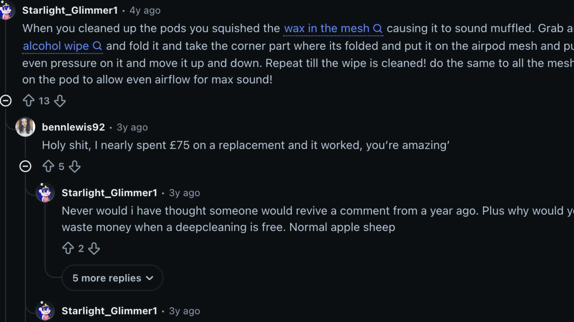Reddit comments discussing deep cleaning AirPods to fix muffled sound instead of buying a replacement