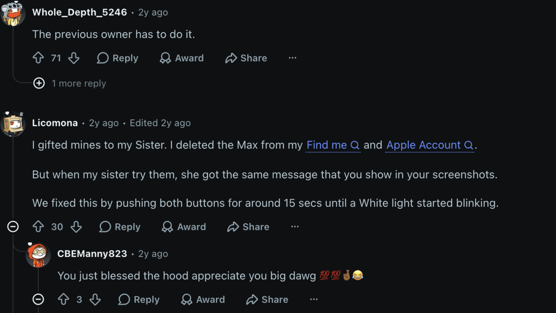 Reddit comments saying the previous owner must remove AirPods from Apple ID and Find My before setup works