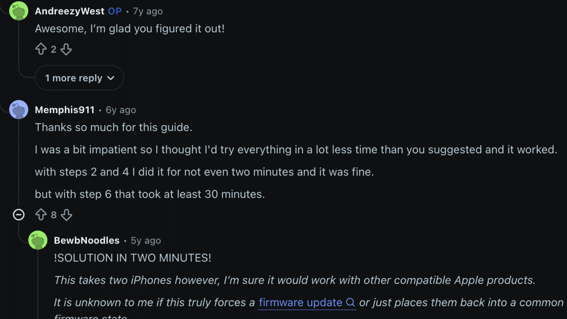 Reddit comments sharing AirPods firmware update fixes for blinking orange light and pairing issues