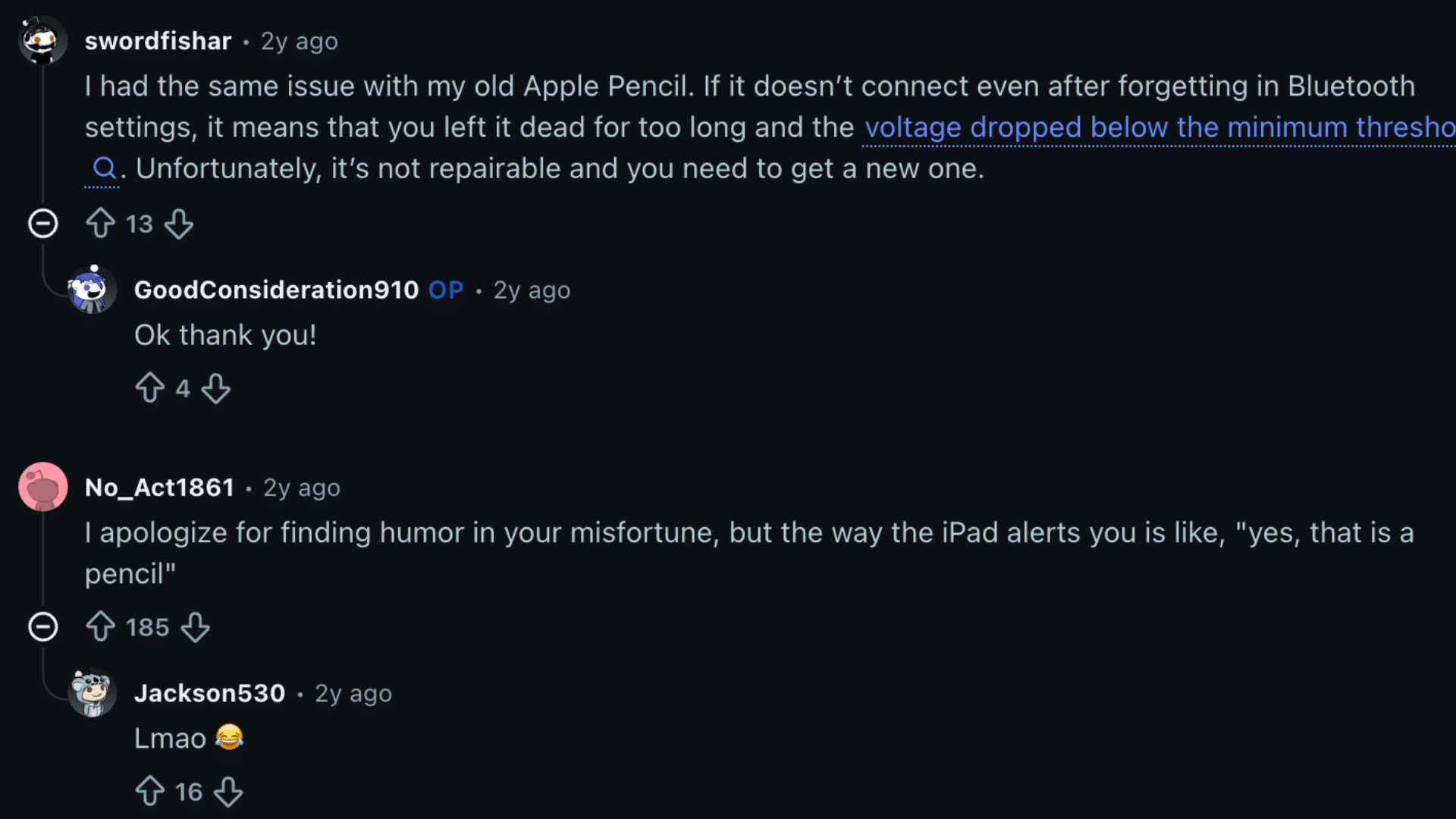 Reddit discussion about Apple Pencil battery failure after being left dead too long and not connecting