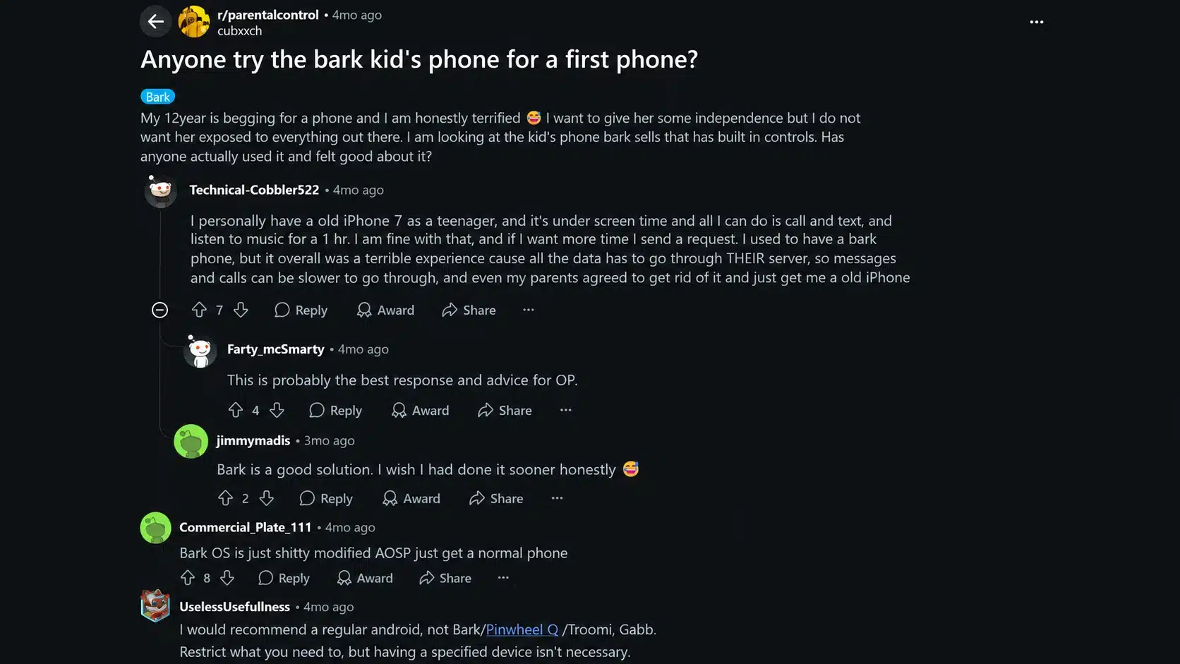 reddit discussion about bark phone experiences from parents choosing a first phone