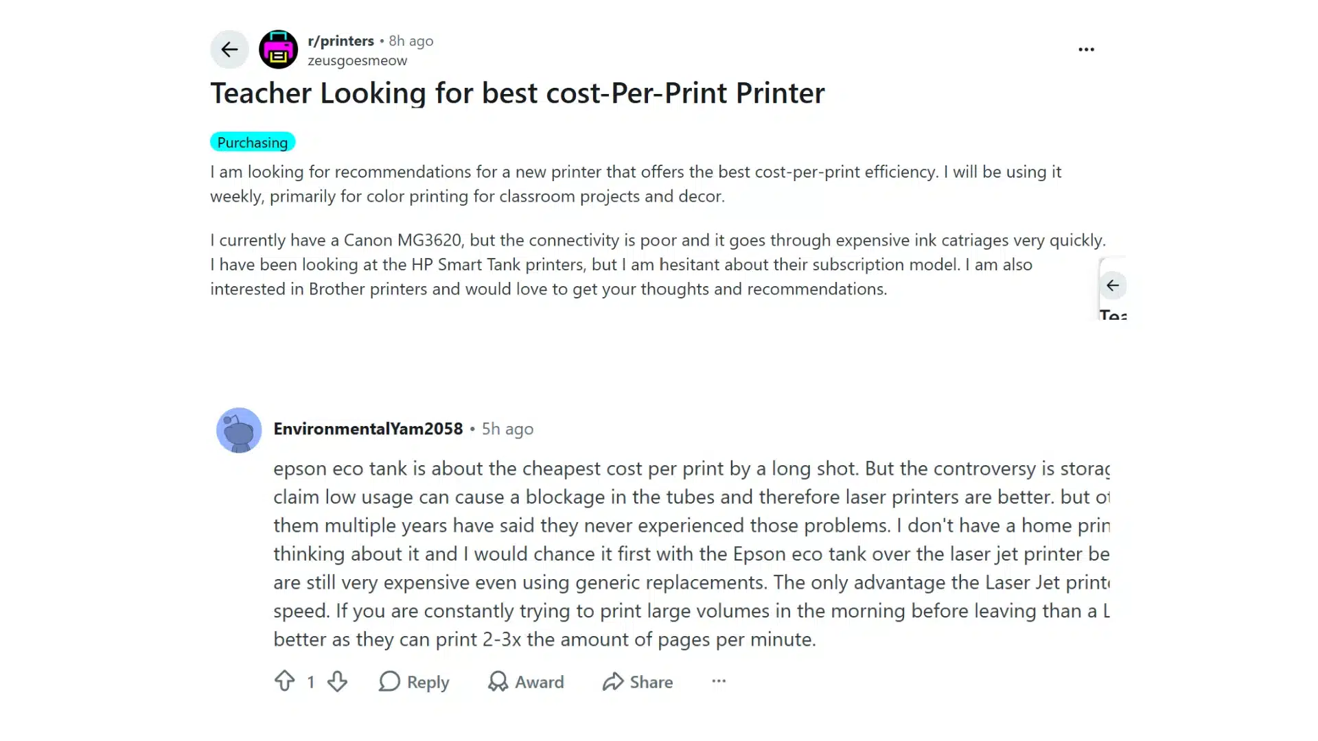 reddit discussion about printer costs and laser printer benefits from users sharing experiences