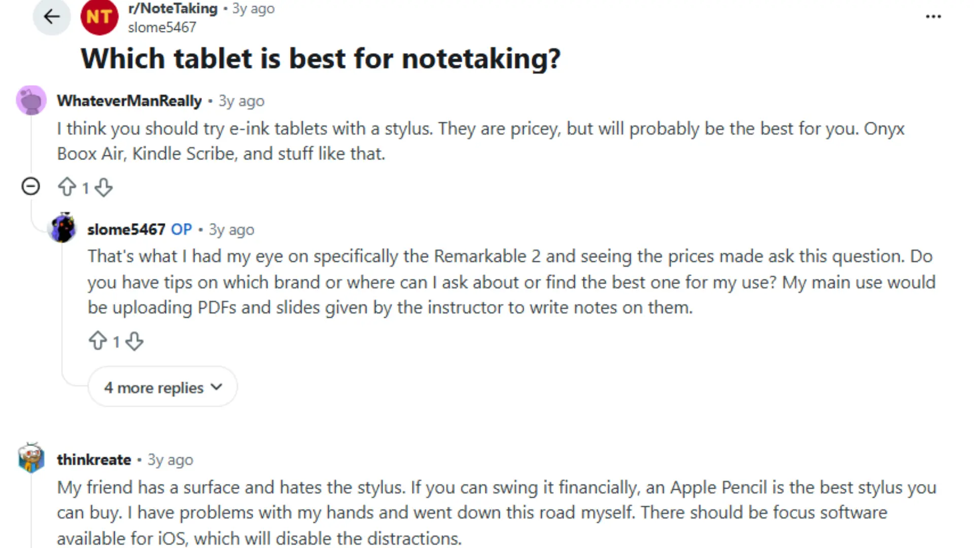 reddit discussion about the best note taking tablets with users sharing experiences and device recommendations