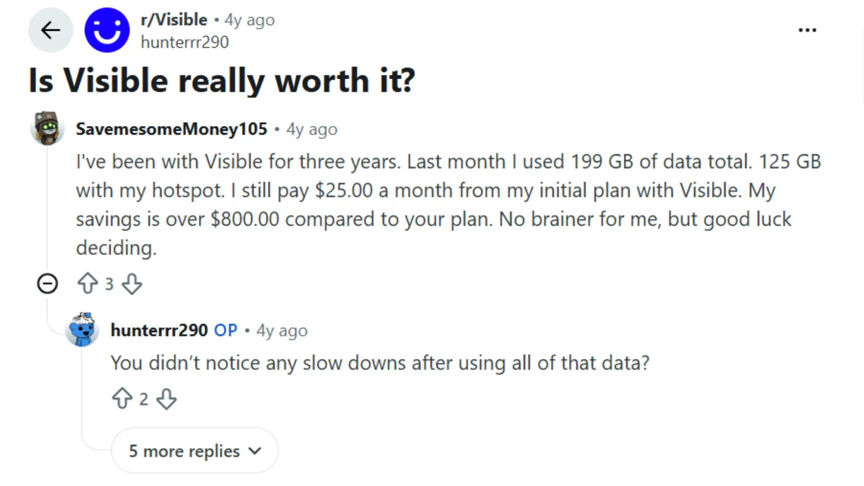 reddit discussion about visible wireless users sharing their data usage and service experience