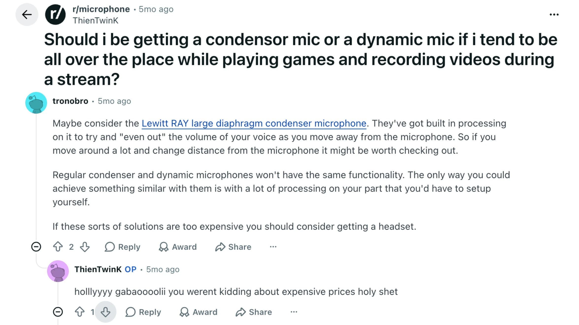 reddit discussion comparing condenser and dynamic microphones for gamers who move while streaming and recording gameplay