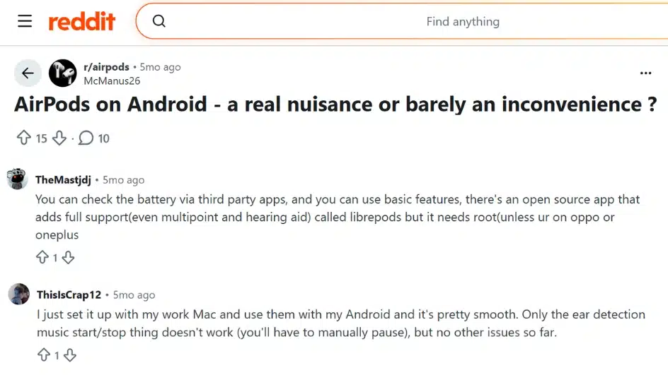 reddit discussion on airpods on android