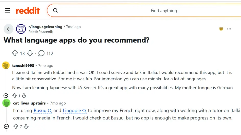 reddit discussion showing user opinions about recommended language learning apps