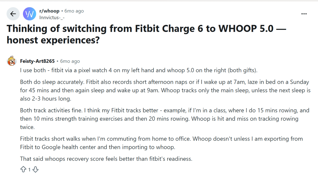 reddit discussion screenshot about switching from fitbit charge 6 to whoop 5.0 experiences