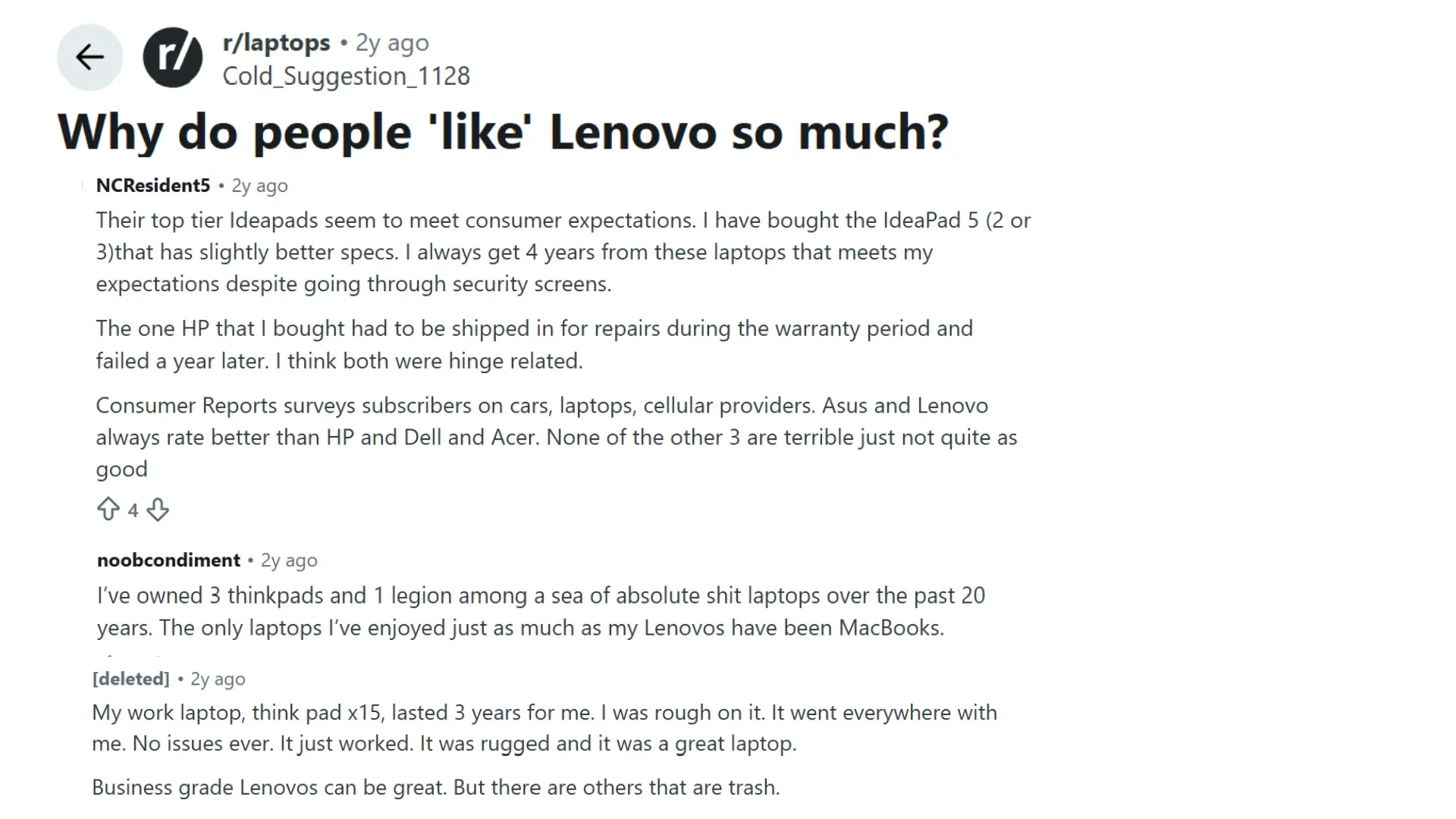 reddit discussion screenshot about why people like lenovo laptops with users sharing reliability durability and thinkpad experiences