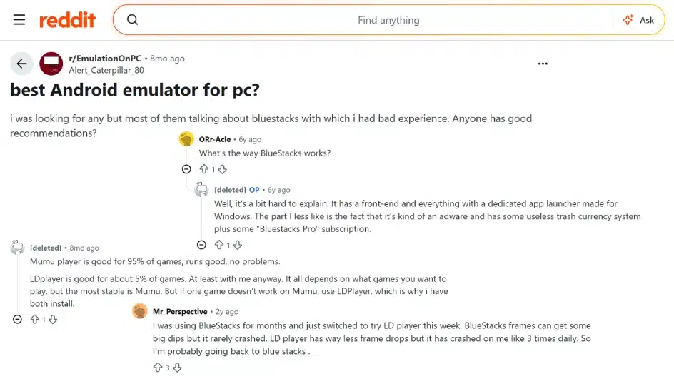 reddit discussion screenshot showing user comments about choosing the best android emulator for pc