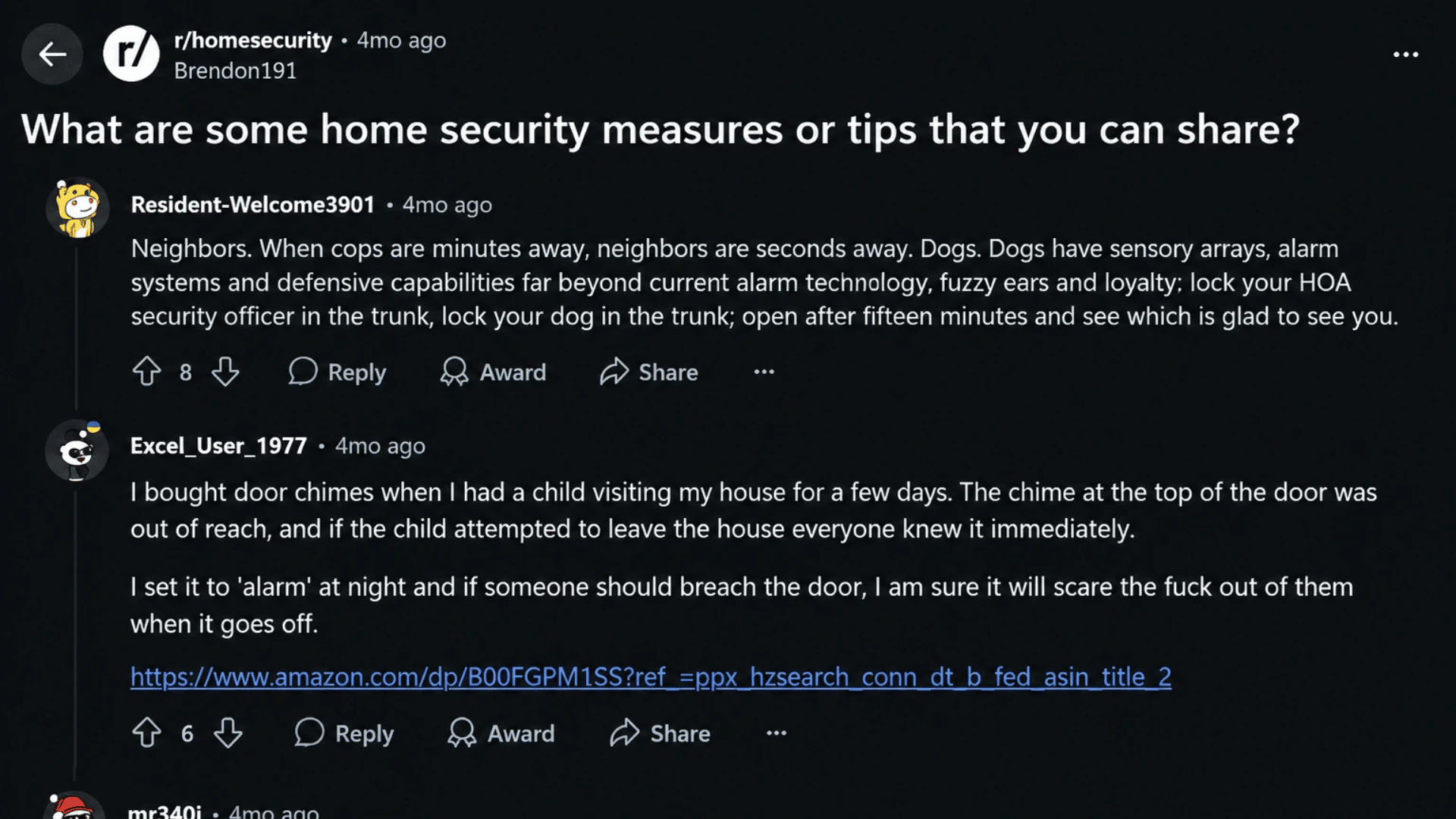 reddit discussion sharing practical home security tips including neighbors dogs door alarms and window protection idea