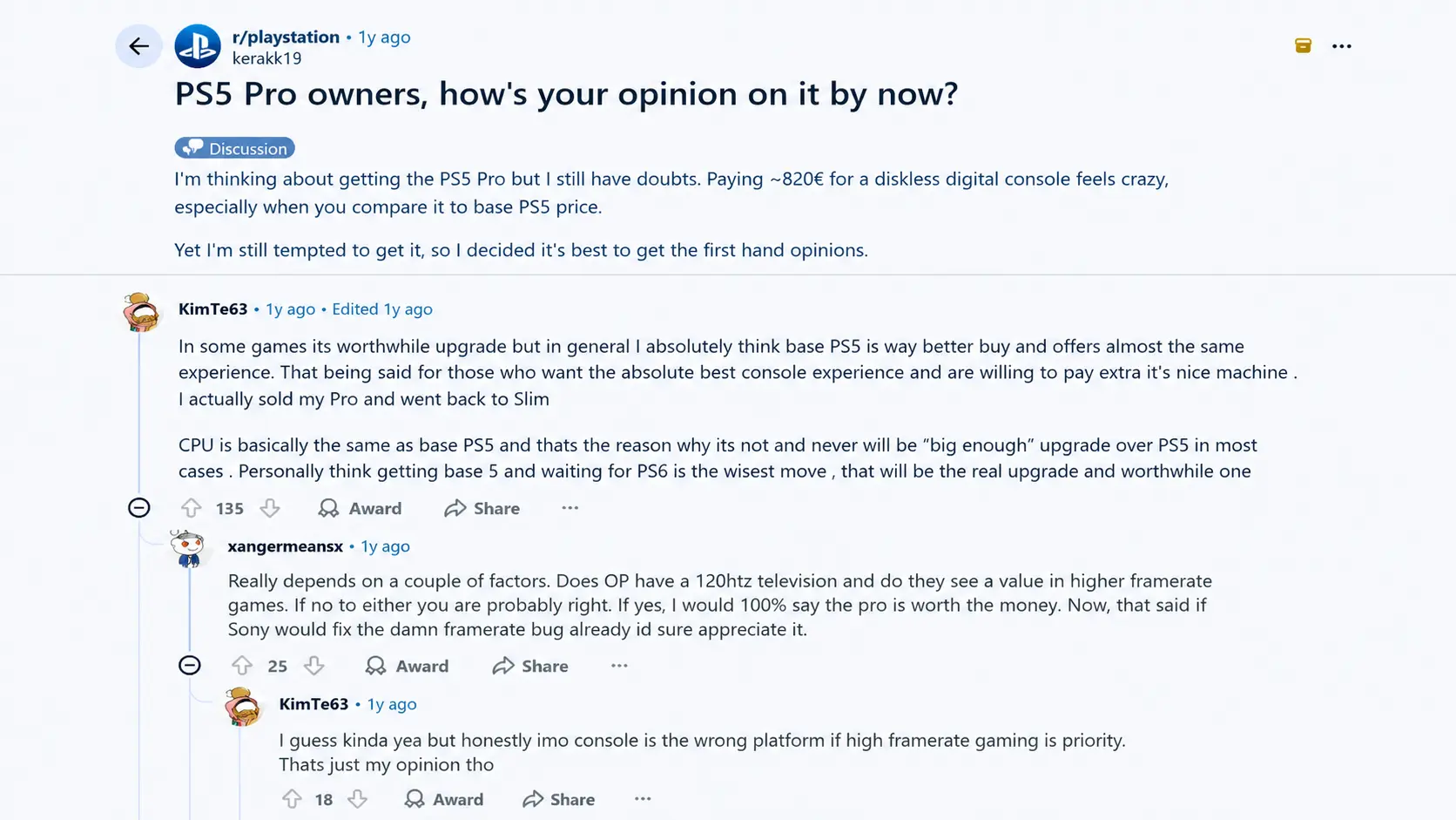 reddit discussion showing ps5 pro owners sharing opinions about upgrade value performance and gaming experience