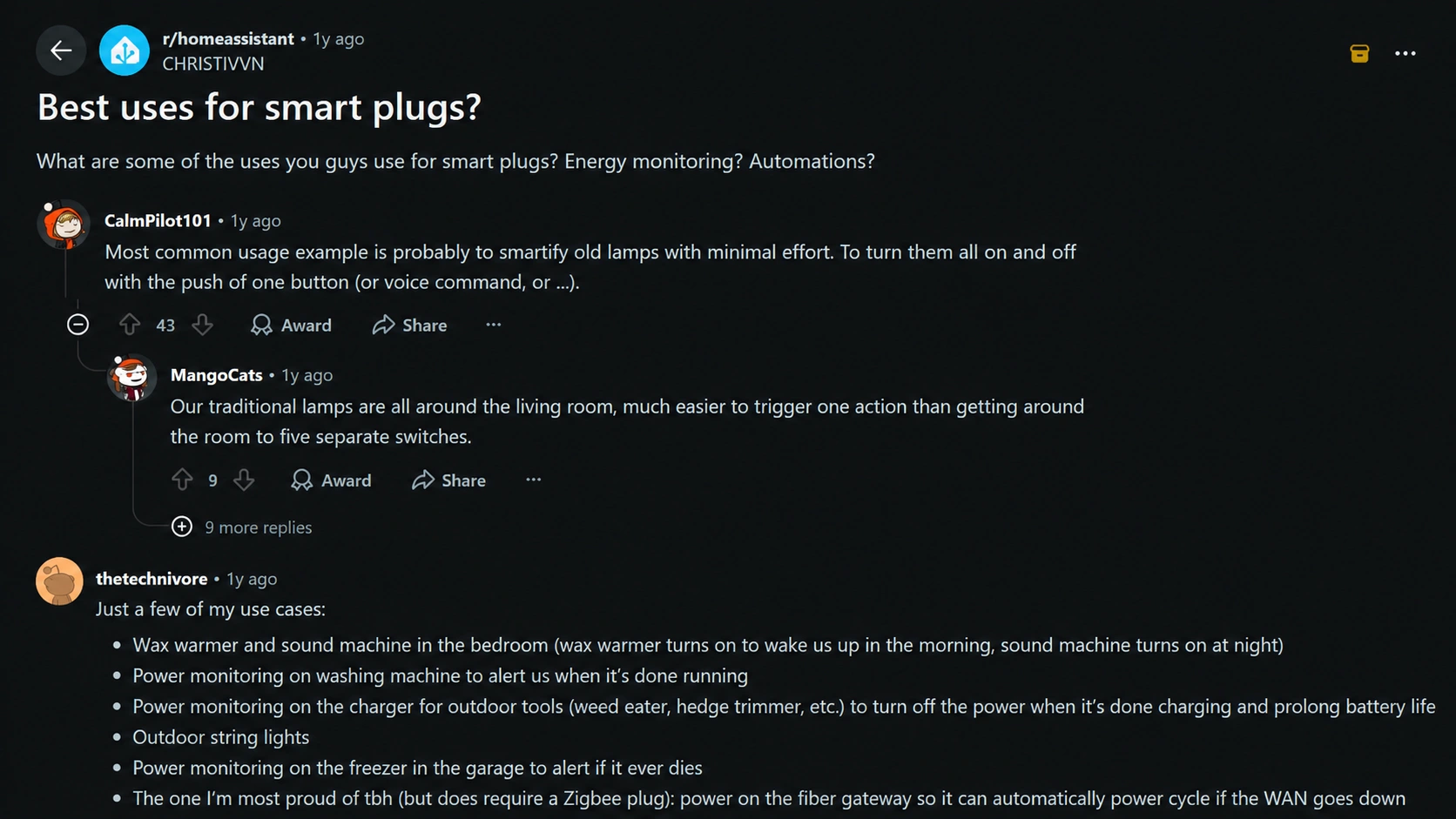 reddit discussion showing real user experiences and smart plug automation use cases