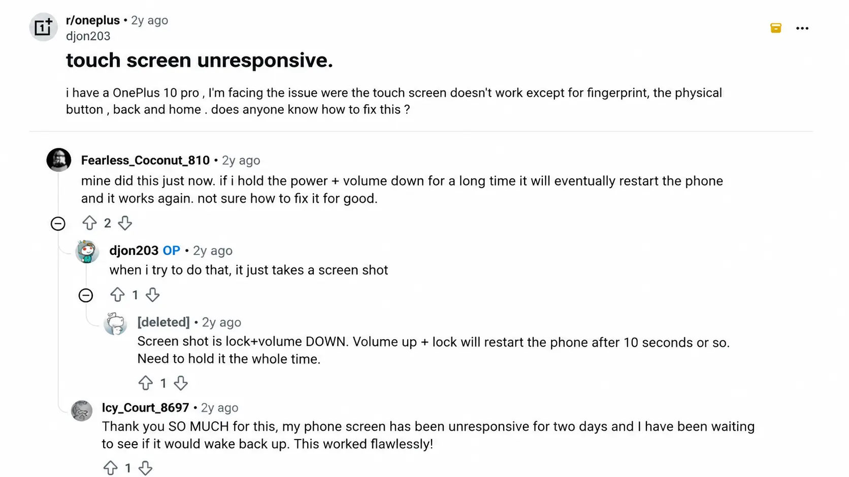 reddit discussion showing solutions for an unresponsive oneplus phone touch screen issue and restart tips from users