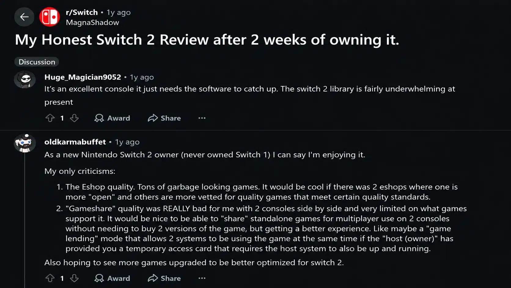 reddit discussion showing switch 2 owners sharing honest opinions about console performance and features