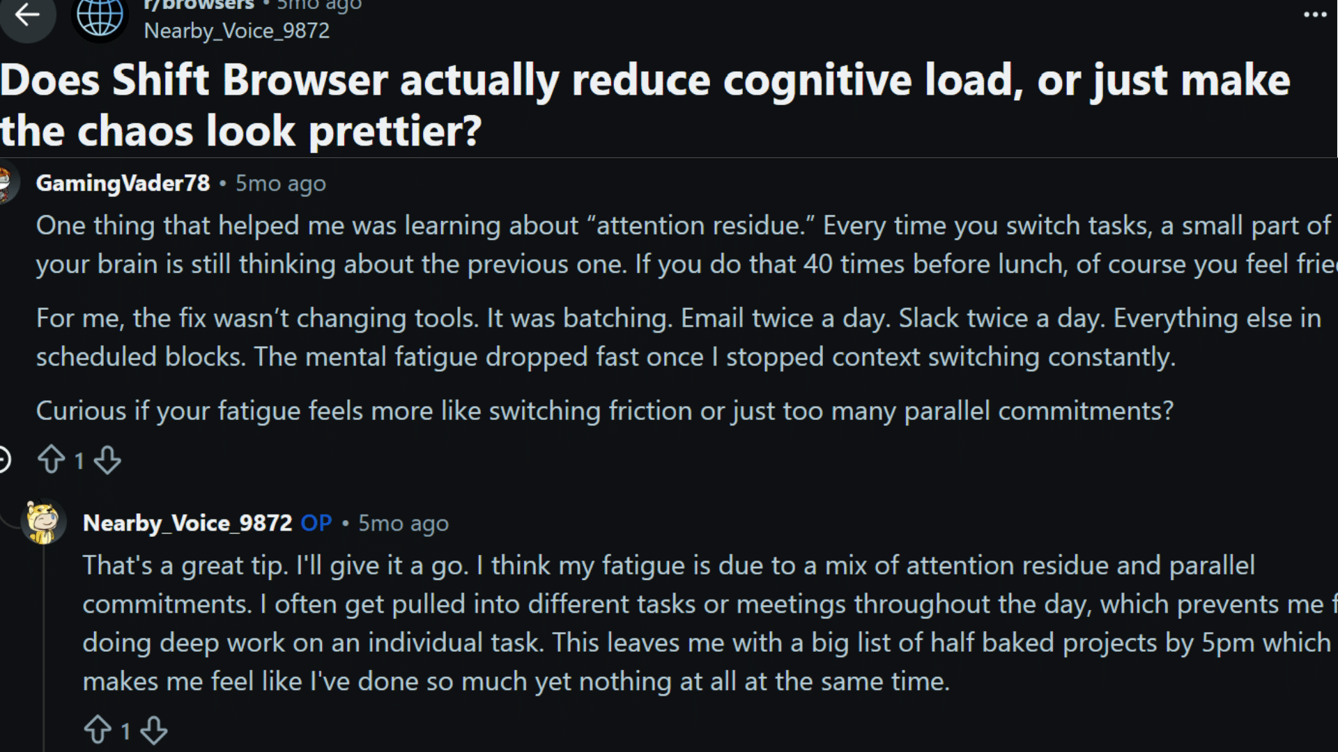 reddit discussion showing user opinions about shift browser organization features pricing and workflow management experiences