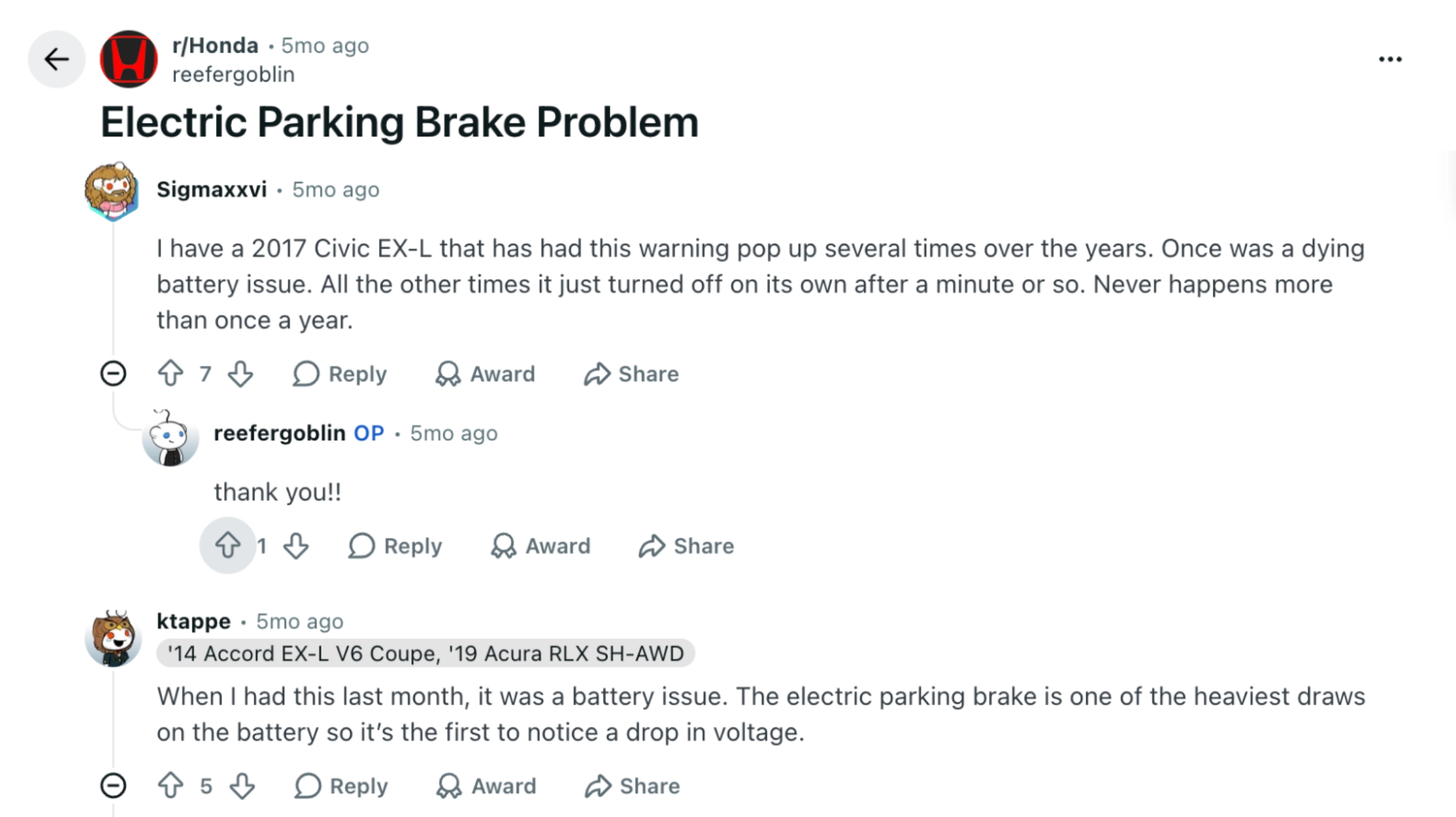 reddit discussion showing users explaining that low battery voltage commonly triggers an electric parking brake warning in vehicles