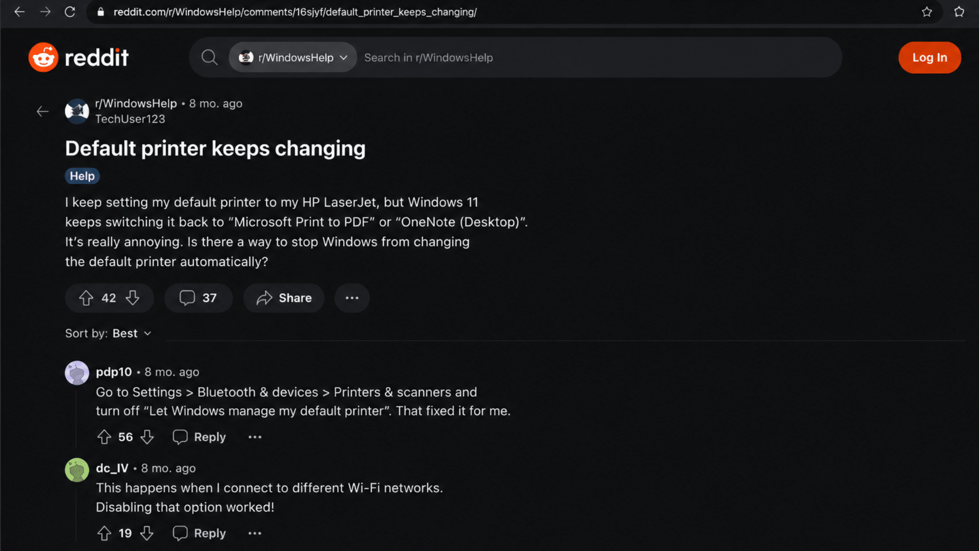 reddit discussion showing users troubleshooting default printer settings changing automatically in windows 11
