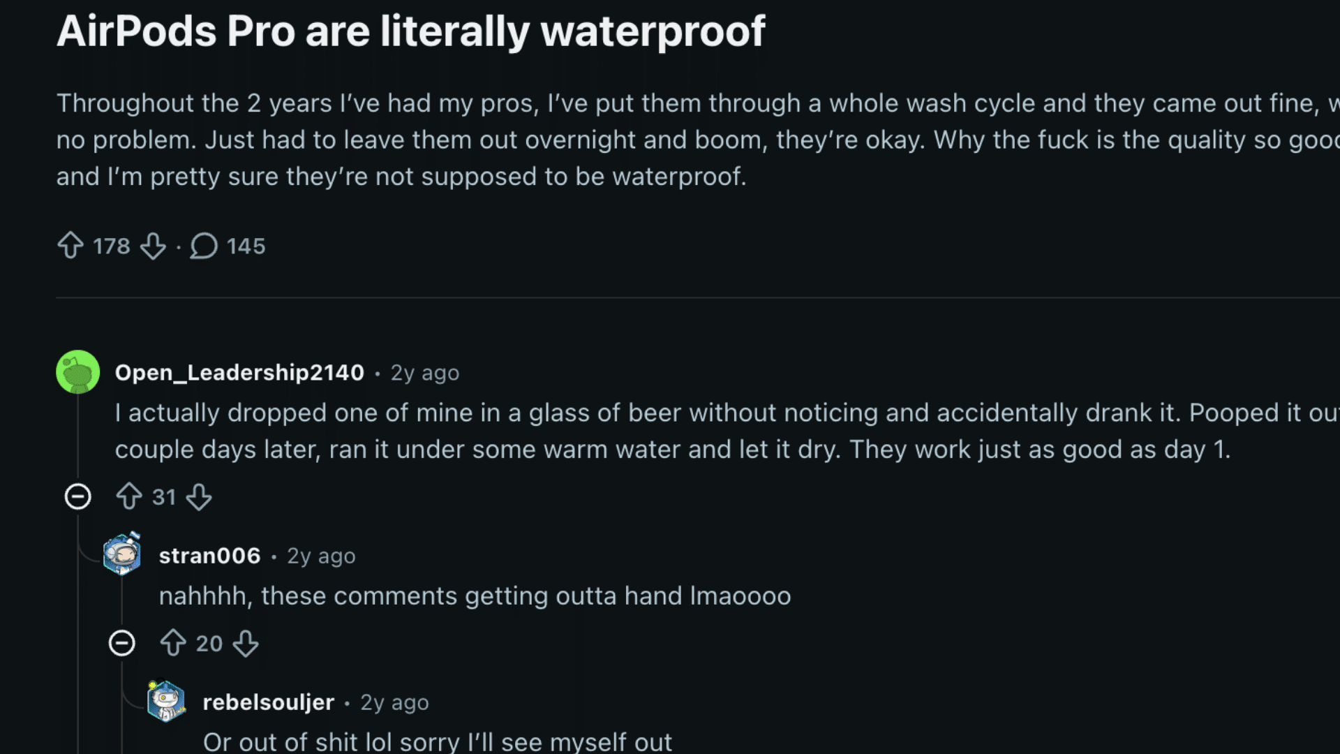 Reddit discussion where users share stories about AirPods surviving water exposure and wash cycles
