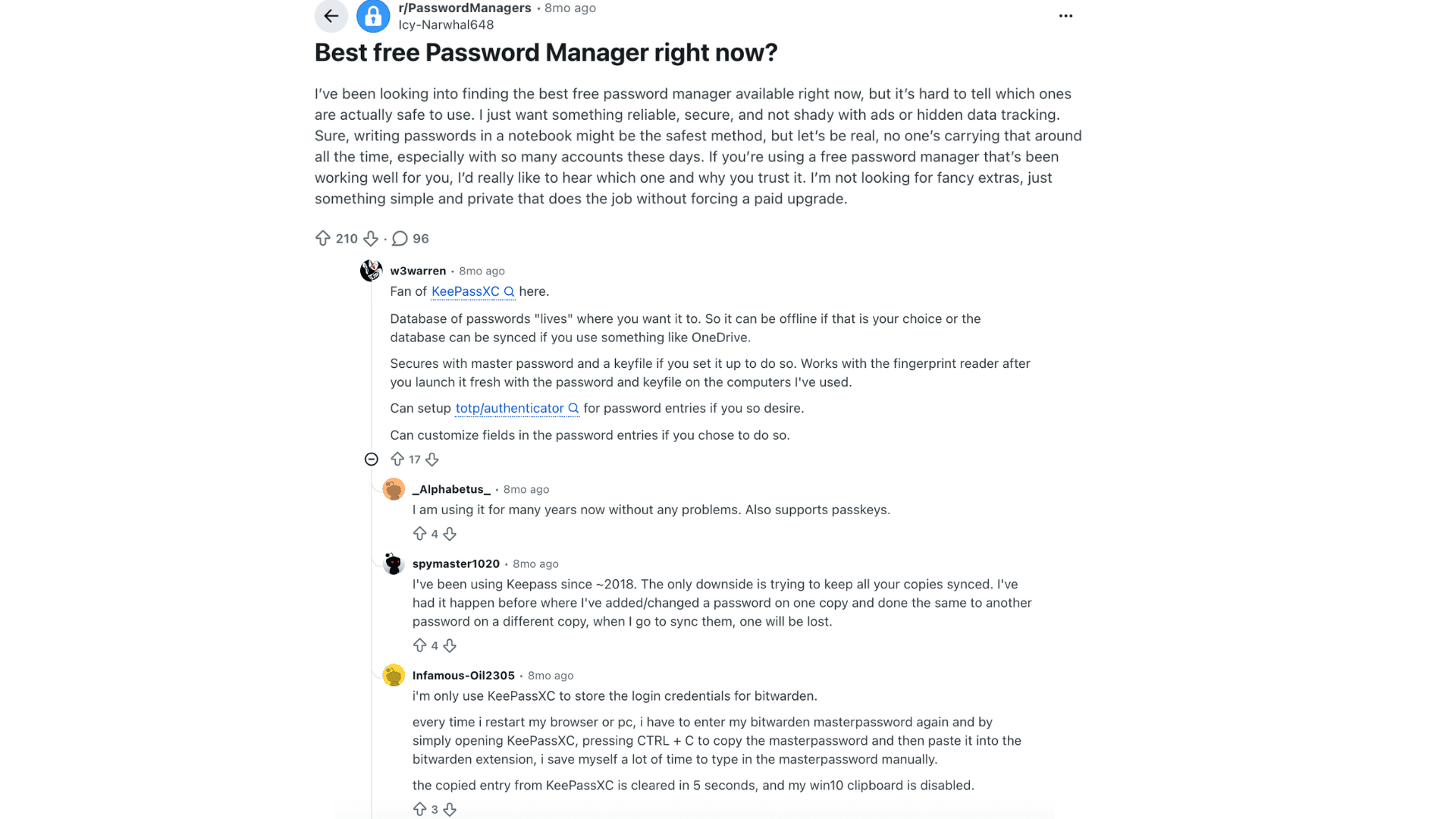 reddit post asking for the best free password manager with replies recommending keepassxc and discussing security features and syncing