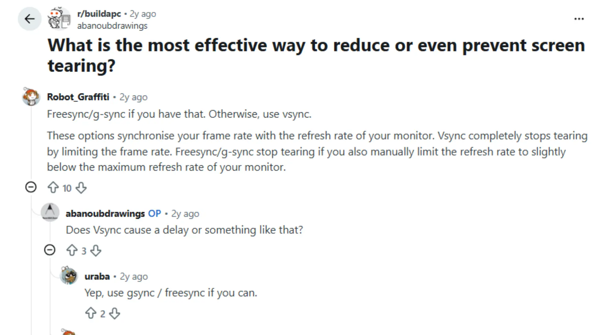 reddit post showing user discussion on how to reduce screen tearing using gsync freesync or vsync on monitors