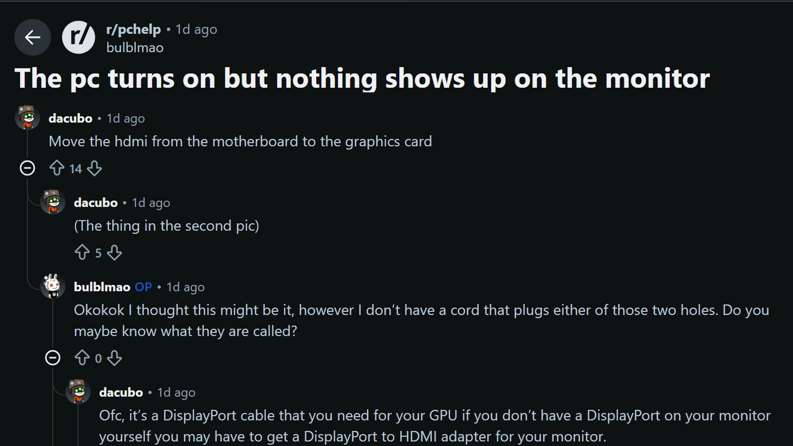 reddit thread screenshot about a pc turning on but showing nothing on the monitor