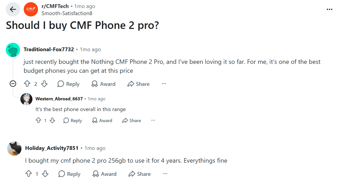 reddit thread screenshot showing user comments about cmf phone 2 pro with positive reviews praising it as best budget phone and long-term usability