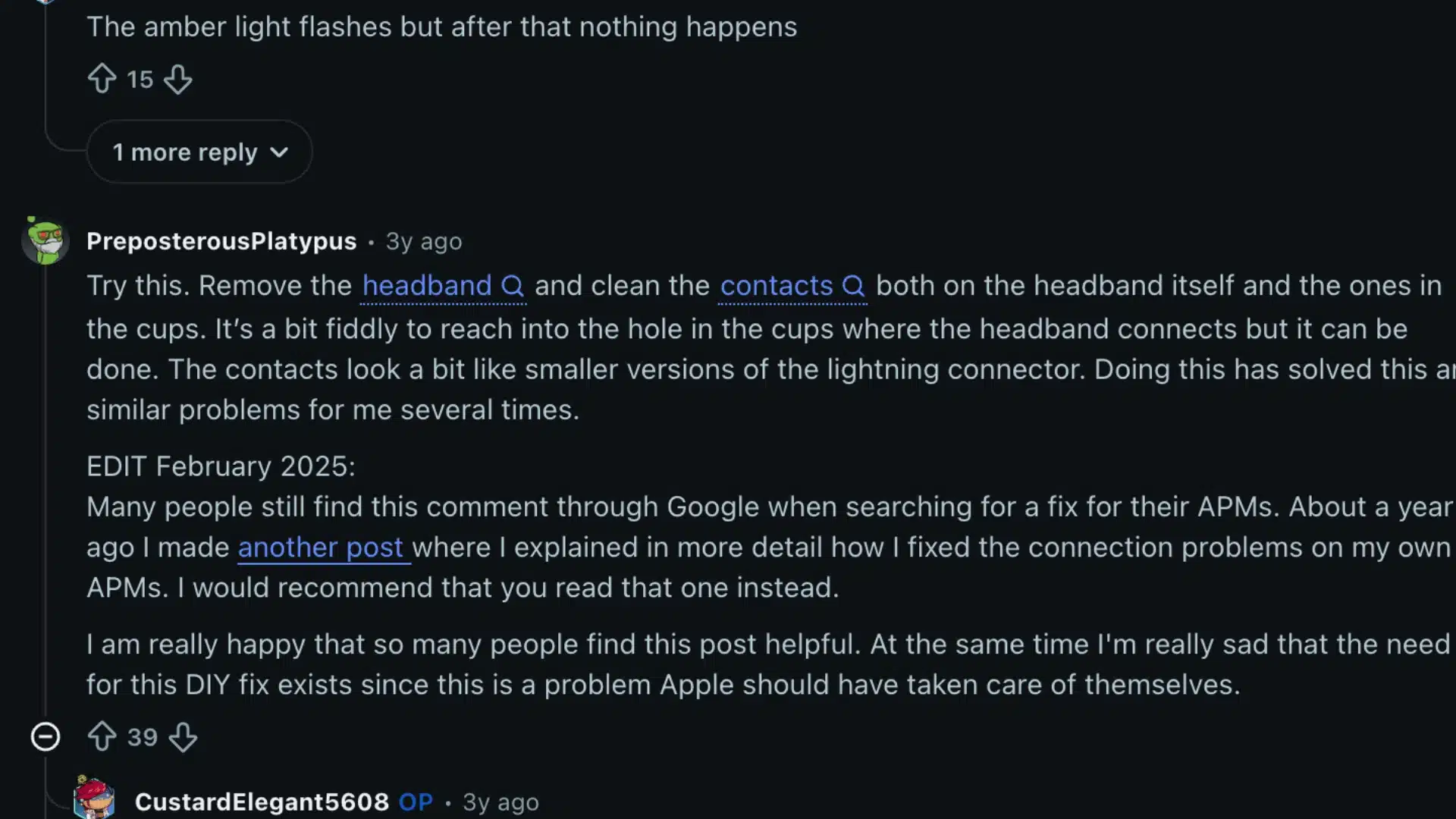 Reddit user suggests cleaning AirPods Max headband contacts to fix amber light reset and connection issues