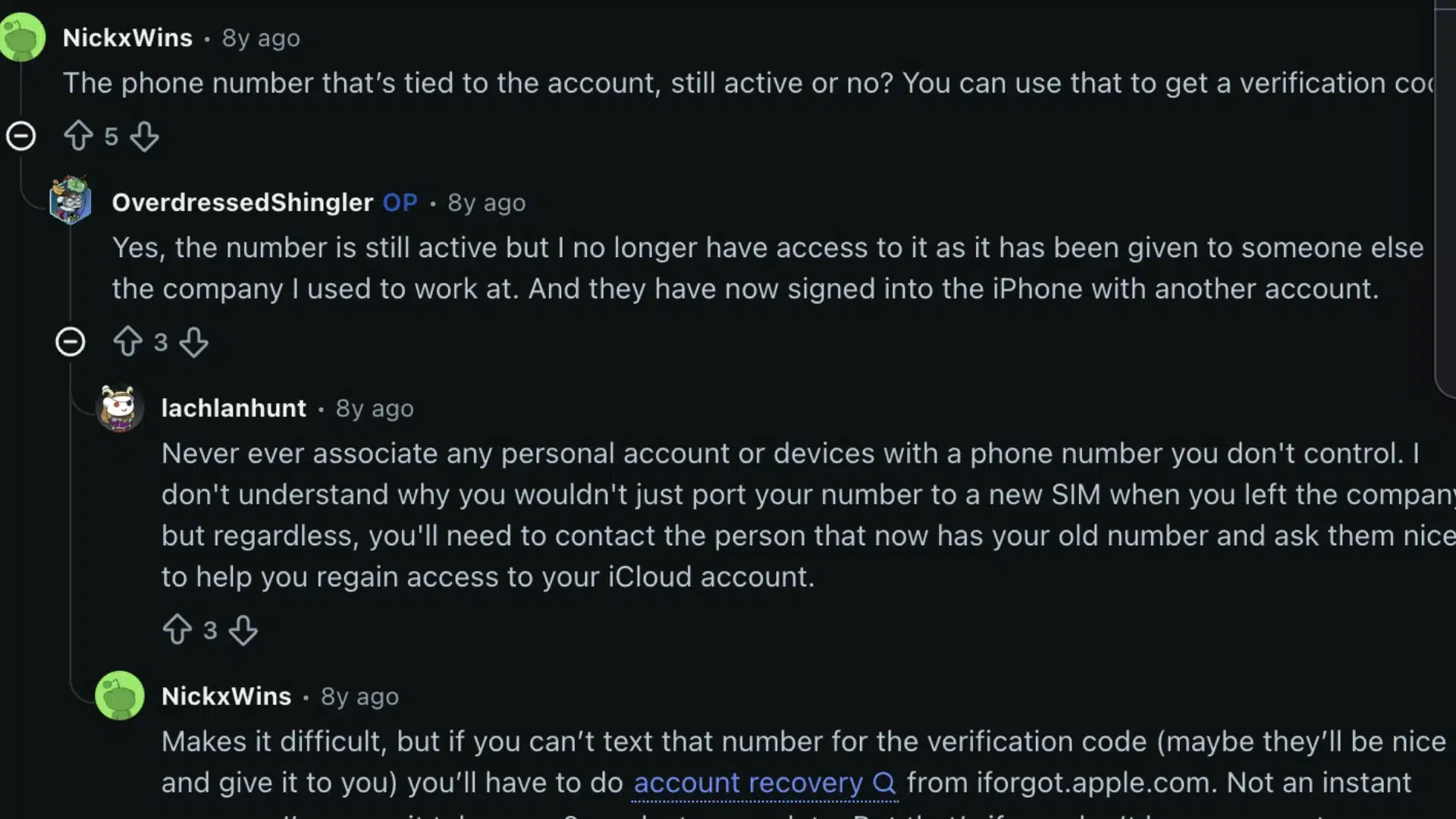 Reddit users discuss resetting an Apple Watch without phone access and using account recovery for iCloud verification