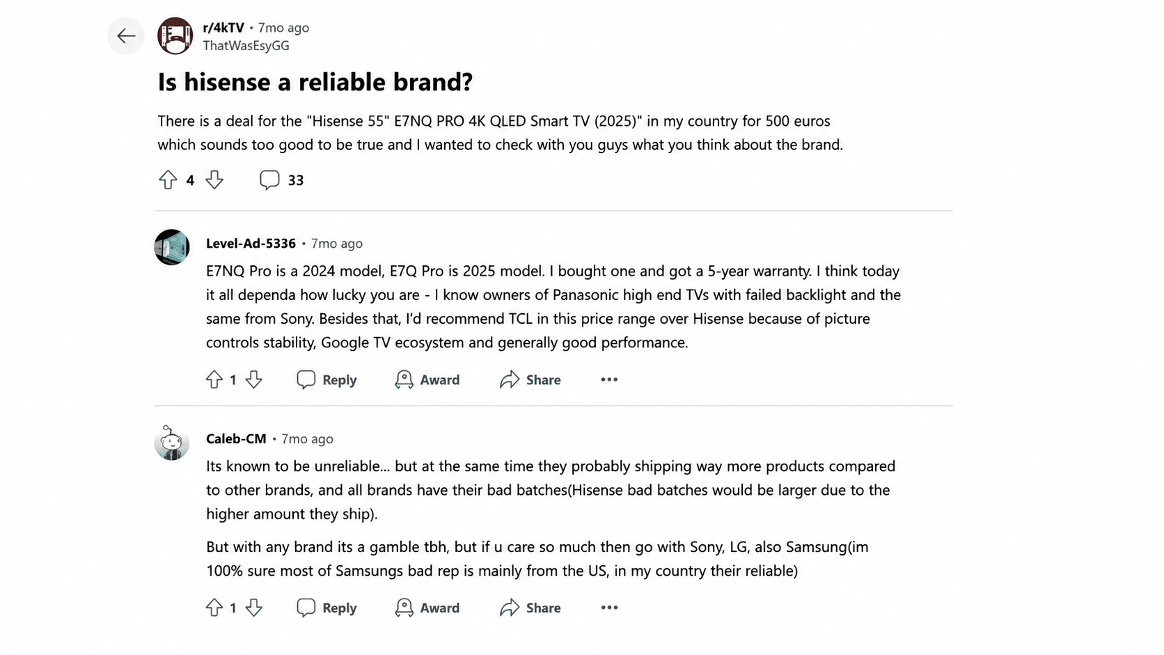 reddit users discussing hisense tv reliability and ownership experiences in community comments