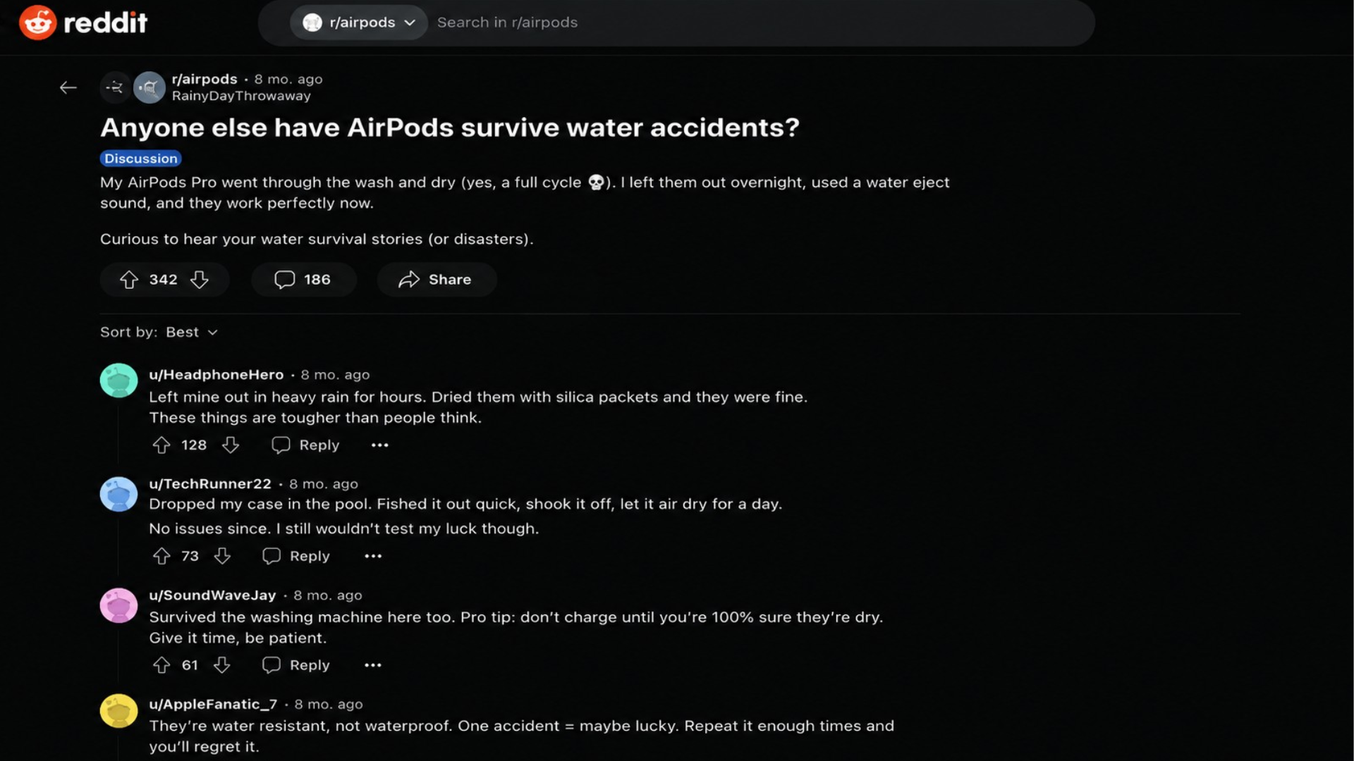 reddit users sharing airpods water survival experiences after rain drops and wash accidents