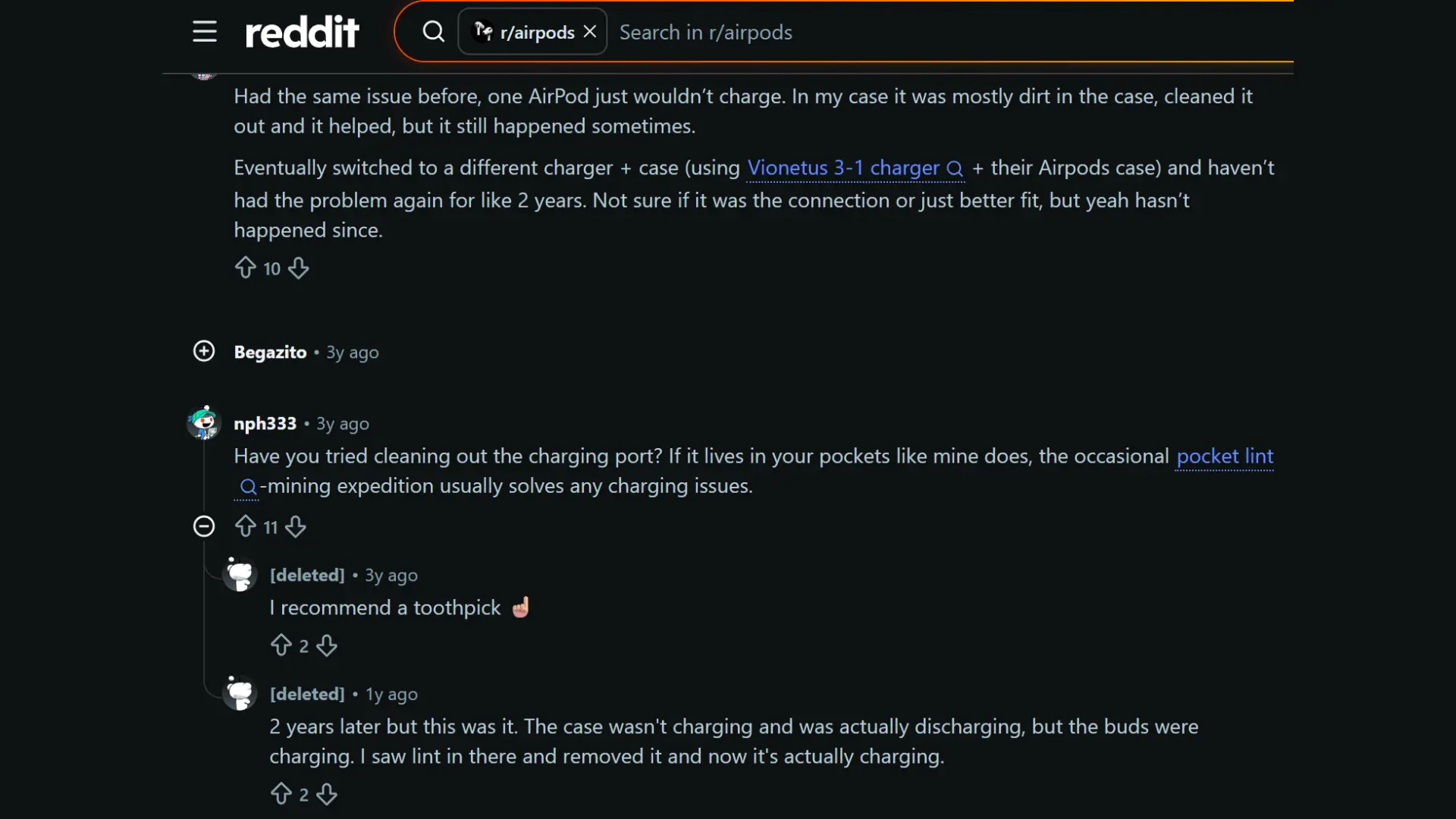 Reddit users discuss AirPods case not charging due to lint and charging port debris