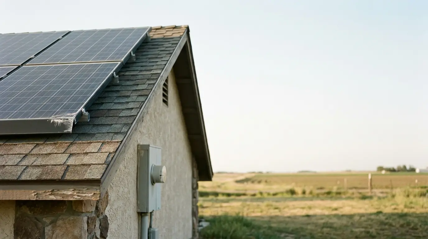 Solar panels on a shingled roof of a rural house under clear sky