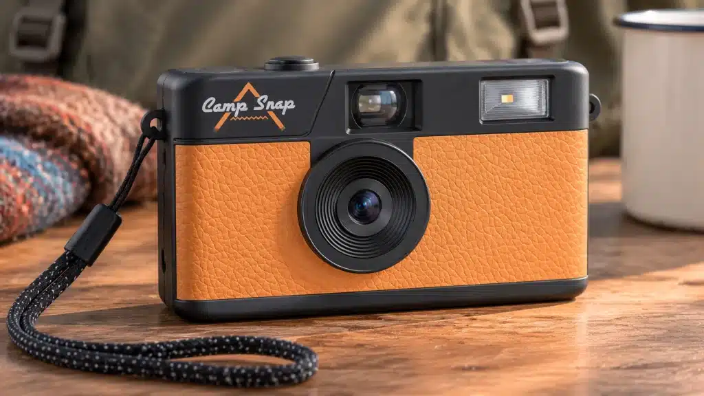 retro style screen free digital camera with compact body design placed on wooden surface for review