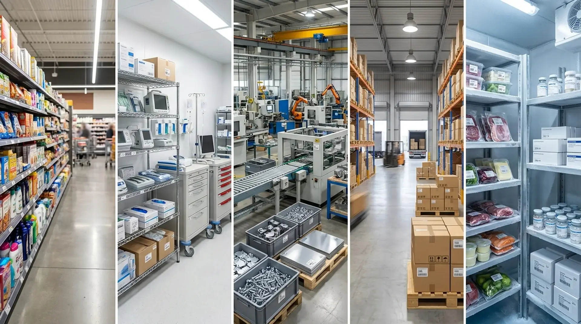 RFID inventory tracking industries collage featuring retail, healthcare, manufacturing, warehousing, and cold storage sectors