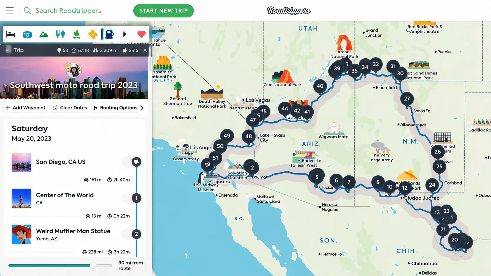 road trip planning app showing a mapped route with multiple stops across the united states