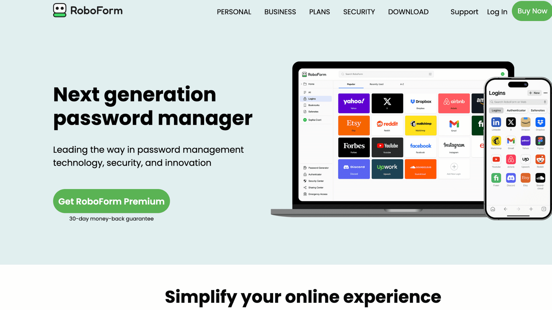 roboform homepage showing password manager with desktop and mobile vault access premium signup and secure login features