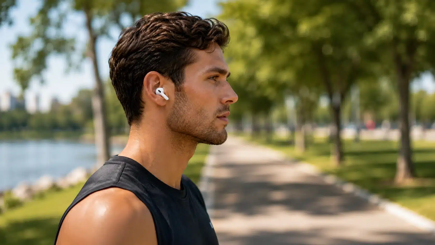 Runner wearing AirPods Pro 2 on a sunny park path with trees, lake, and soft blurred background