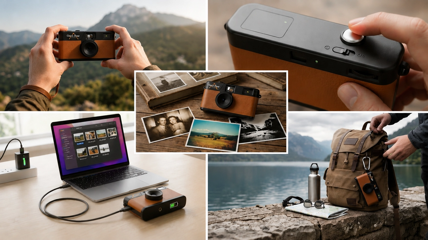 screen free digital camera collage showing controls battery transfer filters and portable design features
