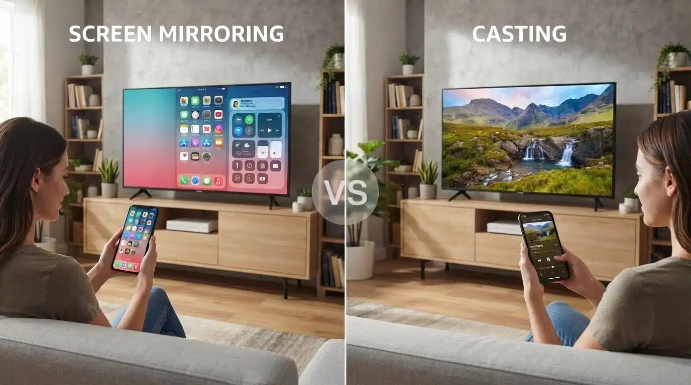 screen mirroring and casting comparison on smartphone and smart tv setup