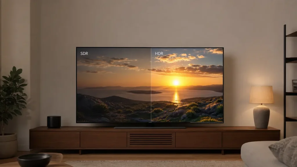 sdr vs hdr comparison on two televisions showing the same sunset with different light and color range