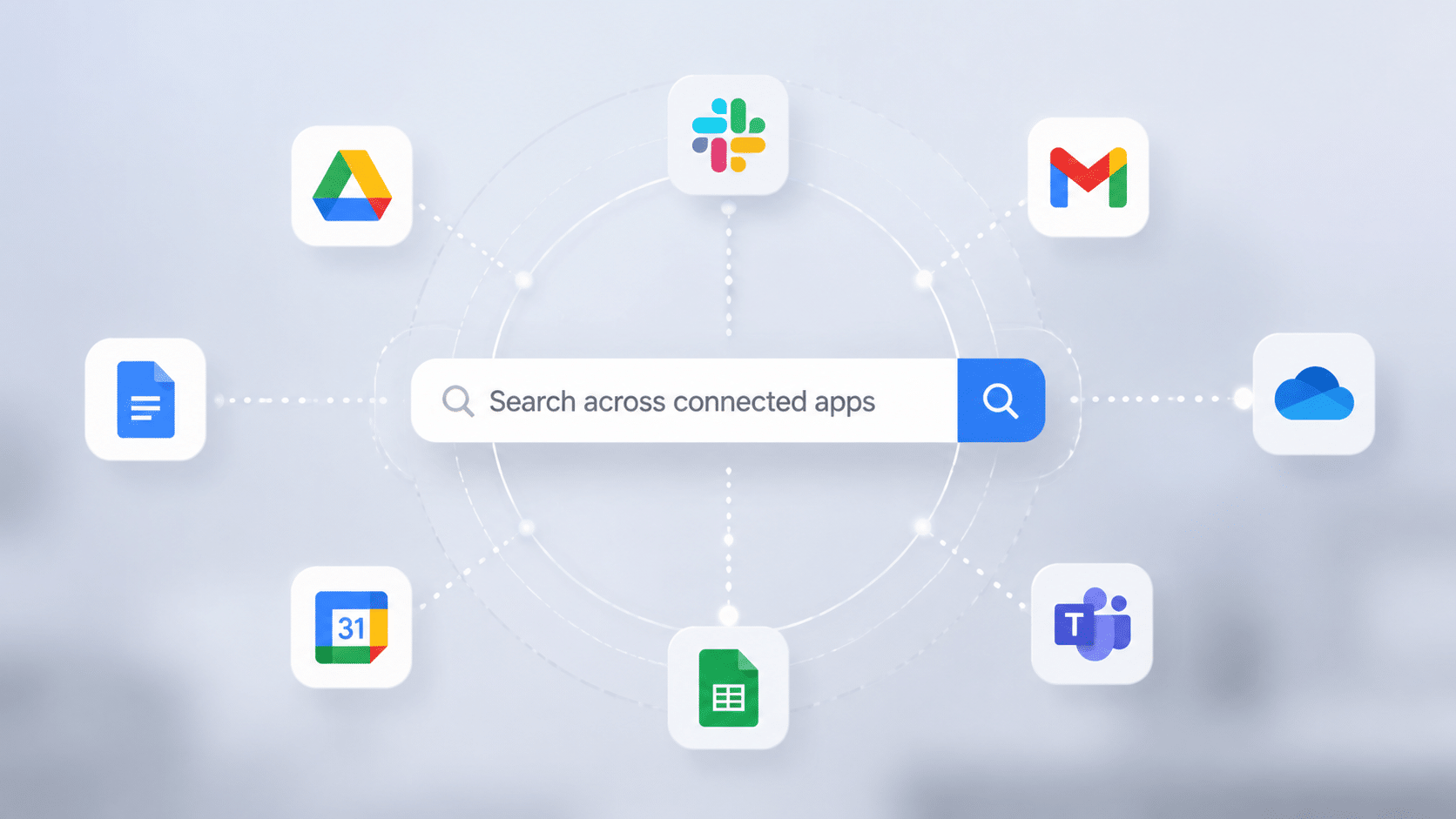 search across connected apps interface with linked application icons and centralized search concept layout