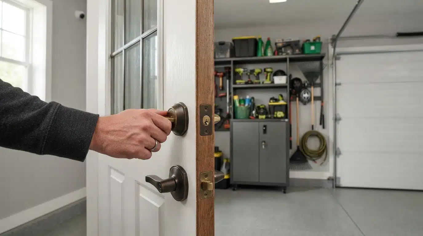 secure garage with locked storage and homeowner checking outdoor security areas