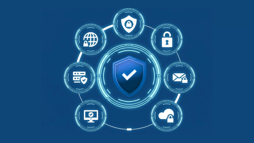 security shield with compliance icons representing governance risk management policy enforcement and secure data protection