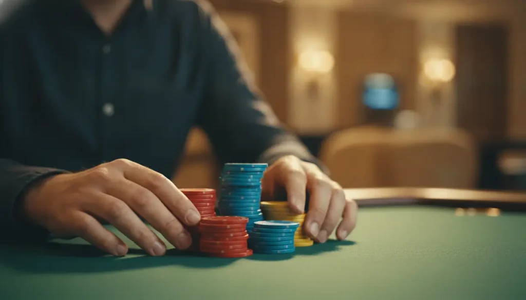Person stacking colorful poker chips on green casino table in dimly lit room